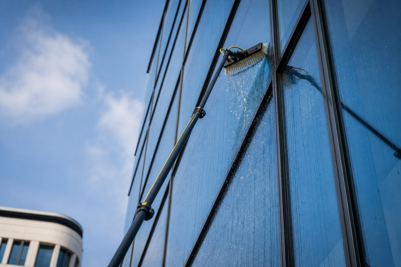 Chemiefreie Fensterreinigung an einer Glasfassade